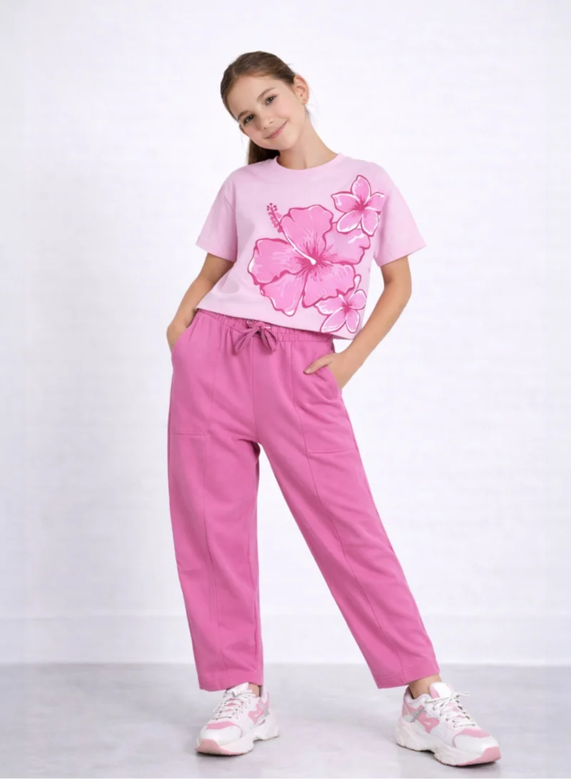 Victor And Jane  Girls 2 Pc Set Floral Print Top & Barrel Pants Set – Light Pink & Pink for Women | Best Price UAE